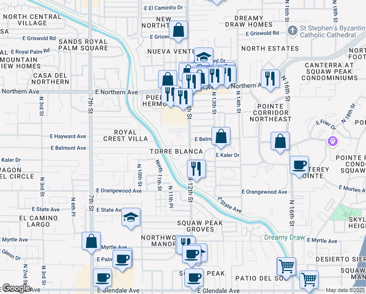 map of restaurants, bars, coffee shops, grocery stores, and more near 1150 East Belmont Avenue in Phoenix