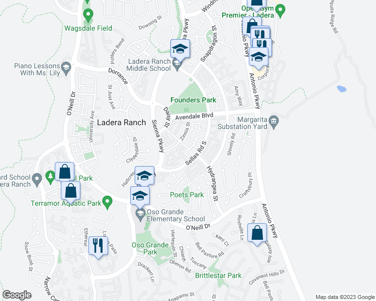 map of restaurants, bars, coffee shops, grocery stores, and more near Strawflower Street in Ladera Ranch