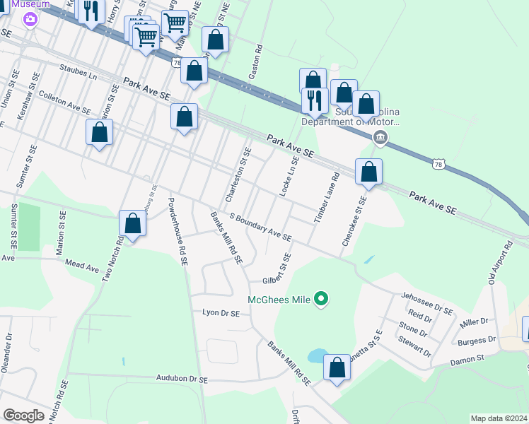 map of restaurants, bars, coffee shops, grocery stores, and more near 333 Locke Lane Southeast in Aiken