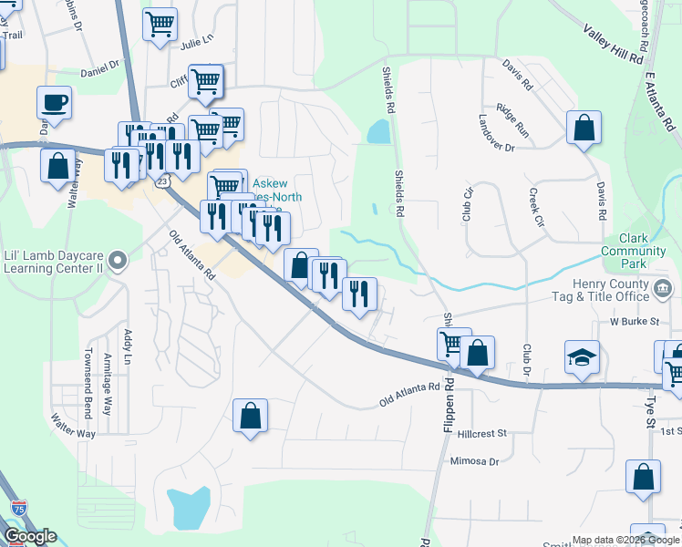 map of restaurants, bars, coffee shops, grocery stores, and more near Brush Creek Court in Stockbridge