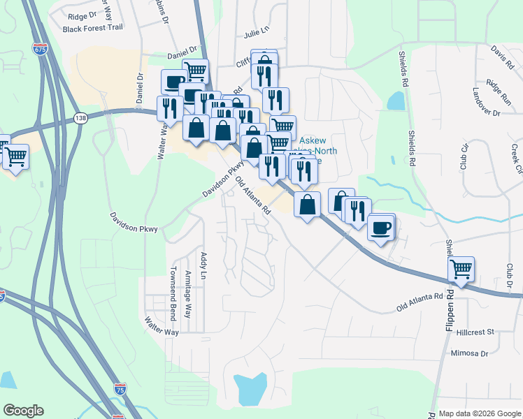 map of restaurants, bars, coffee shops, grocery stores, and more near 450 azalea dr in Stockbridge