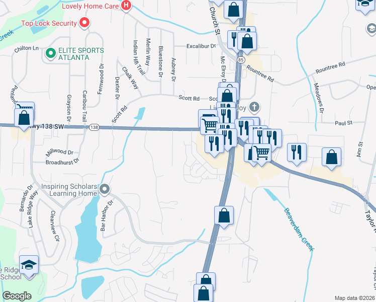 map of restaurants, bars, coffee shops, grocery stores, and more near 838 Commerce Boulevard in Riverdale