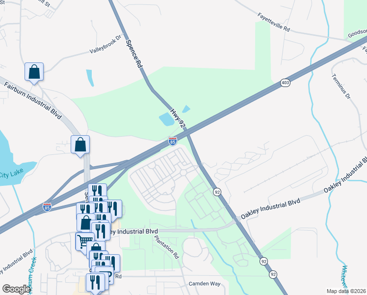 map of restaurants, bars, coffee shops, grocery stores, and more near 5523 Radford Loop in Fairburn