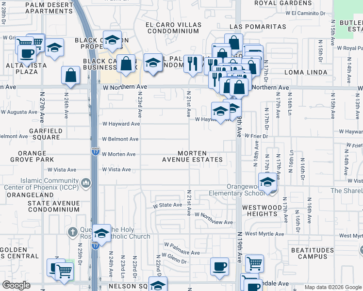 map of restaurants, bars, coffee shops, grocery stores, and more near 2103 West Belmont Avenue in Phoenix