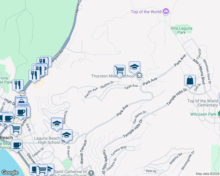 map of restaurants, bars, coffee shops, grocery stores, and more near 1545 Caribbean Way in Laguna Beach