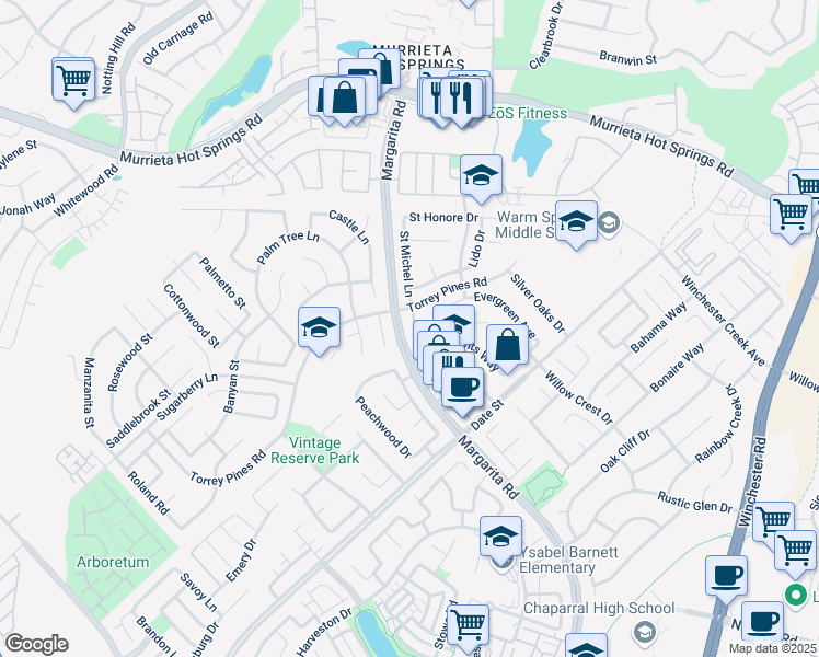 map of restaurants, bars, coffee shops, grocery stores, and more near 26575 Saint Michel Lane in Murrieta