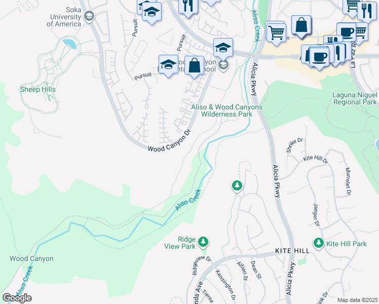 map of restaurants, bars, coffee shops, grocery stores, and more near Aliso Canyon Road in Aliso Viejo