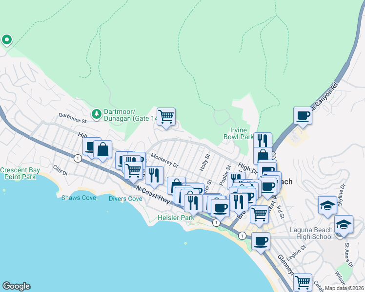 map of restaurants, bars, coffee shops, grocery stores, and more near 495 Locust Street in Laguna Beach