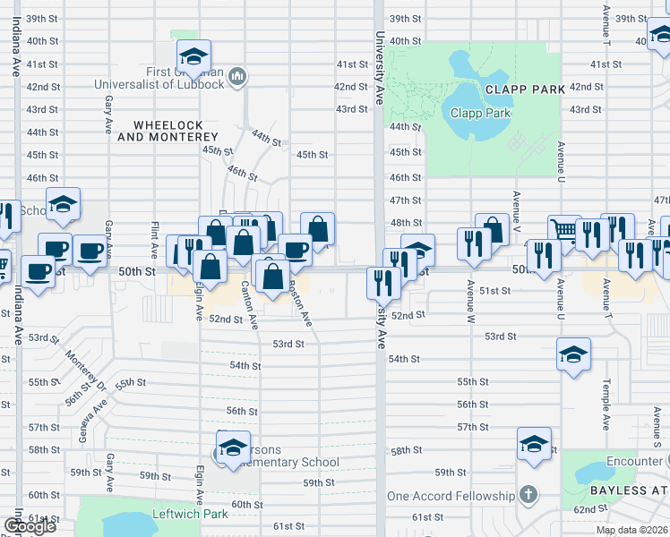 map of restaurants, bars, coffee shops, grocery stores, and more near 4901-4999 Akron Avenue in Lubbock