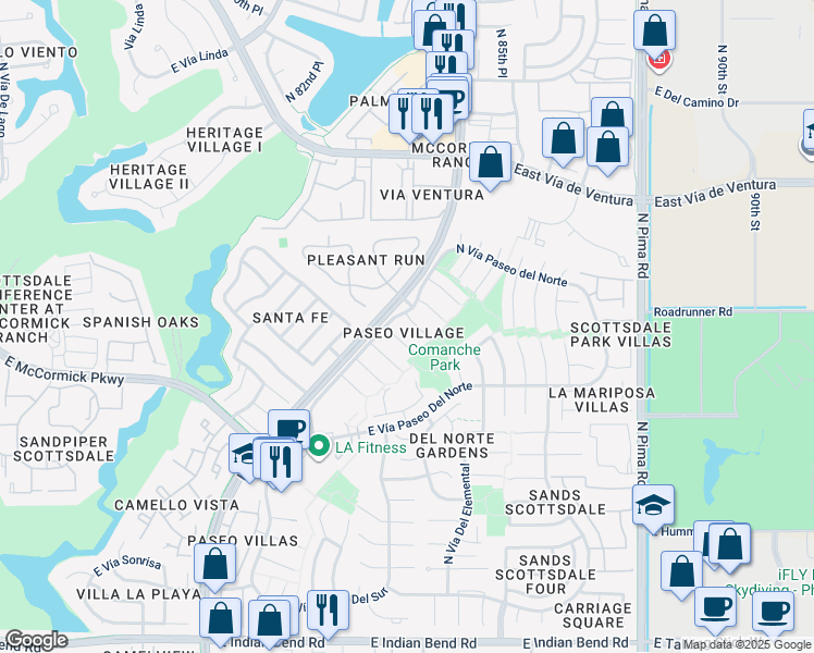 map of restaurants, bars, coffee shops, grocery stores, and more near 8416 East Vía del Parque in Scottsdale