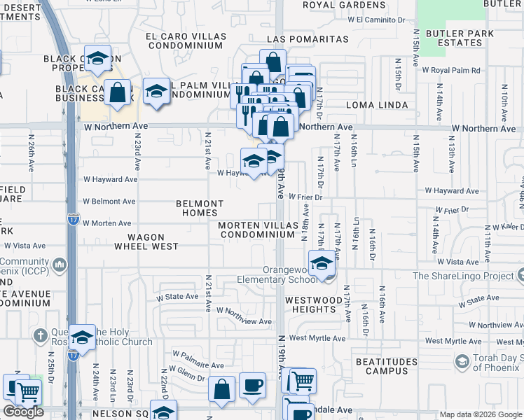 map of restaurants, bars, coffee shops, grocery stores, and more near 1942 West Morten Avenue in Phoenix