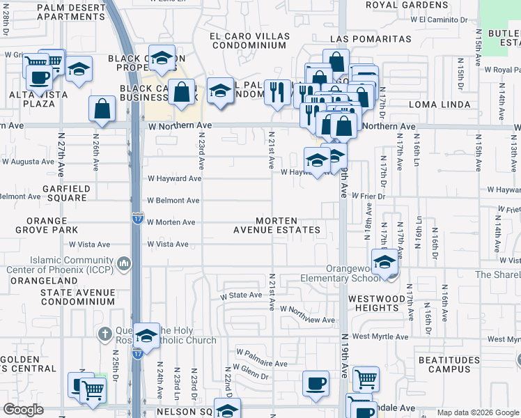map of restaurants, bars, coffee shops, grocery stores, and more near 2103 West Belmont Avenue in Phoenix