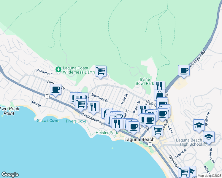 map of restaurants, bars, coffee shops, grocery stores, and more near 495 Locust Street in Laguna Beach