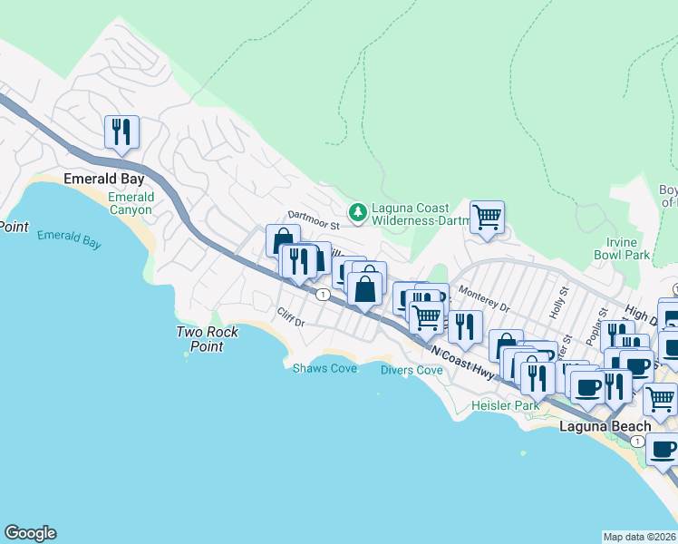 map of restaurants, bars, coffee shops, grocery stores, and more near 276 La Brea Street in Laguna Beach