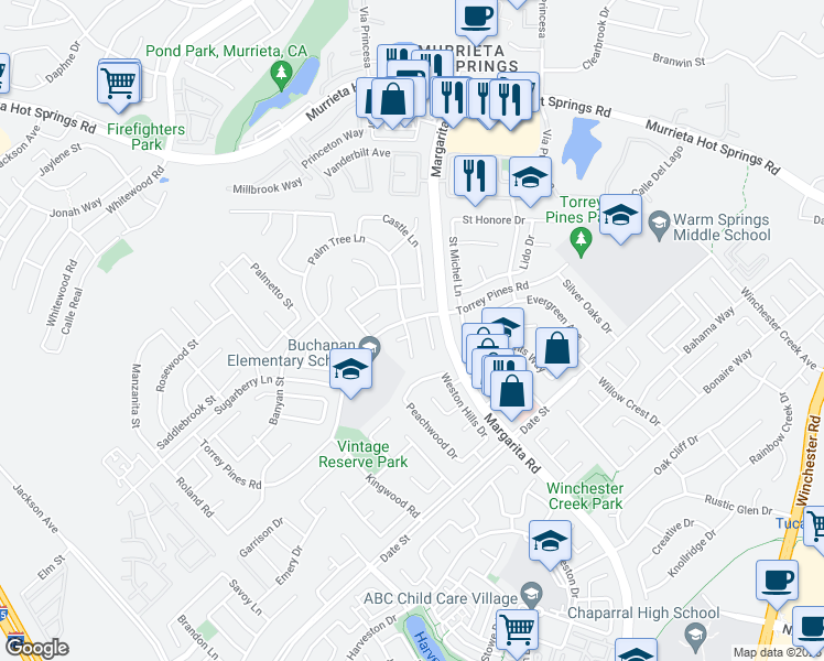map of restaurants, bars, coffee shops, grocery stores, and more near 26472 Winterset Court in Murrieta