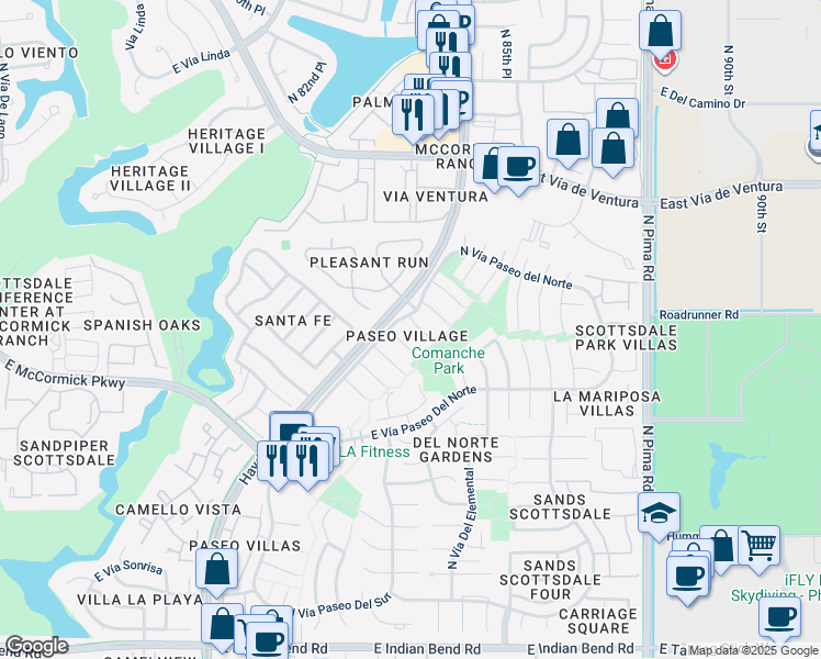 map of restaurants, bars, coffee shops, grocery stores, and more near 8416 East Vía del Parque in Scottsdale