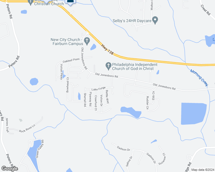 map of restaurants, bars, coffee shops, grocery stores, and more near 3369 Lake Forge in Fairburn