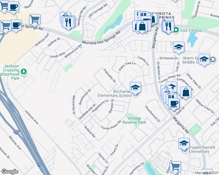 map of restaurants, bars, coffee shops, grocery stores, and more near 26257 Woodland Circle in Murrieta