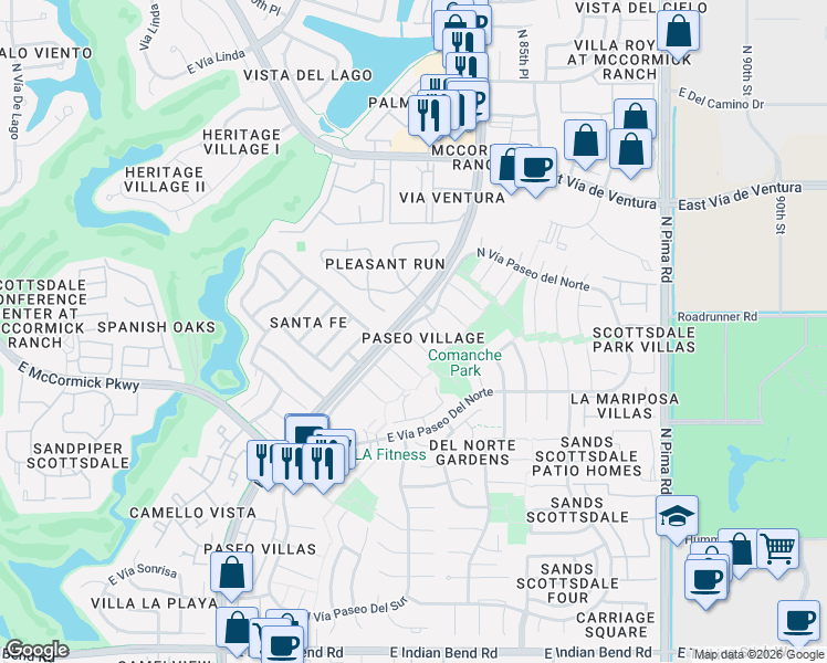 map of restaurants, bars, coffee shops, grocery stores, and more near 8306 East Vía De Las Flores in Scottsdale