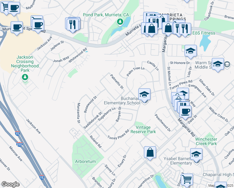 map of restaurants, bars, coffee shops, grocery stores, and more near 26257 Woodland Circle in Murrieta