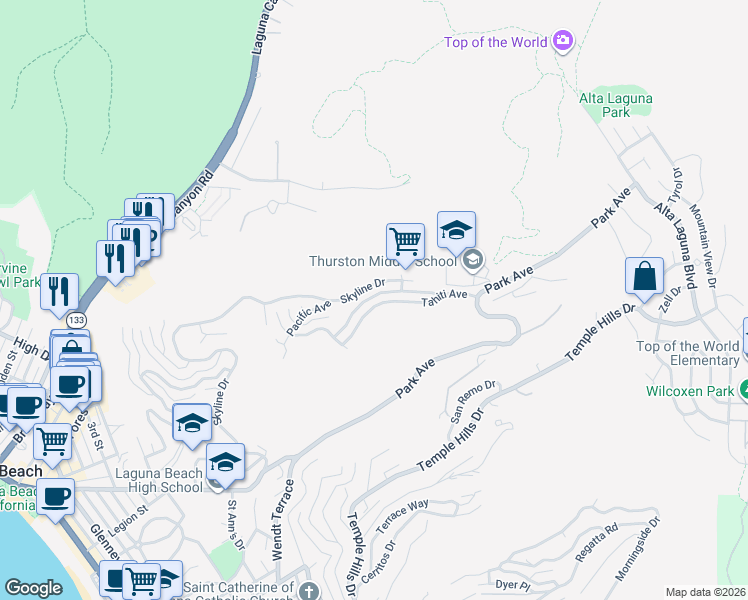 map of restaurants, bars, coffee shops, grocery stores, and more near 1545 Caribbean Way in Laguna Beach
