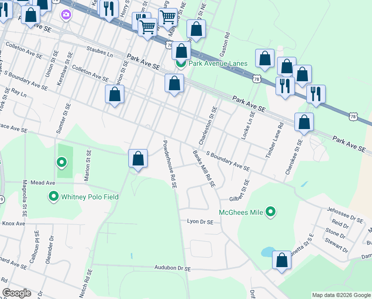 map of restaurants, bars, coffee shops, grocery stores, and more near 1309 South Boundary Avenue Southeast in Aiken