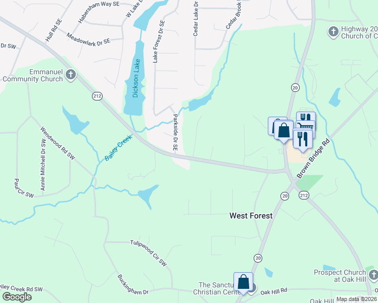 map of restaurants, bars, coffee shops, grocery stores, and more near 5301 Ashley Drive Southeast in Conyers