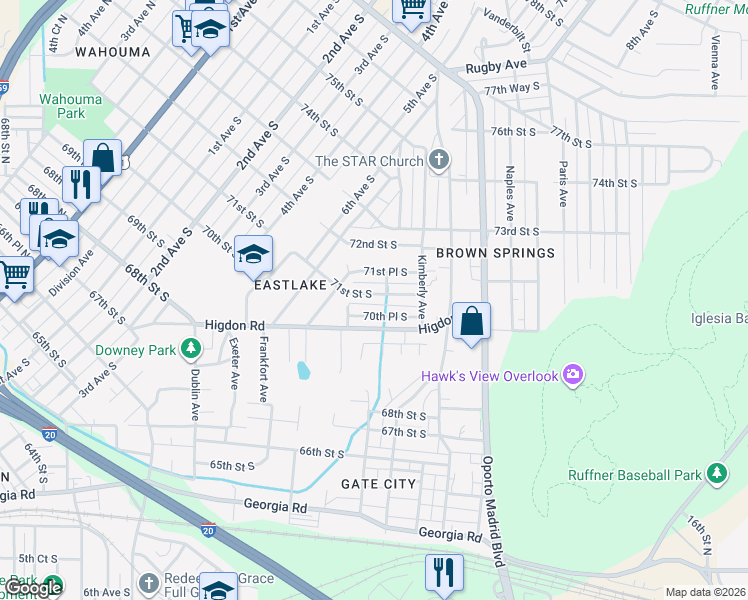 map of restaurants, bars, coffee shops, grocery stores, and more near 725 71st Street South in Birmingham