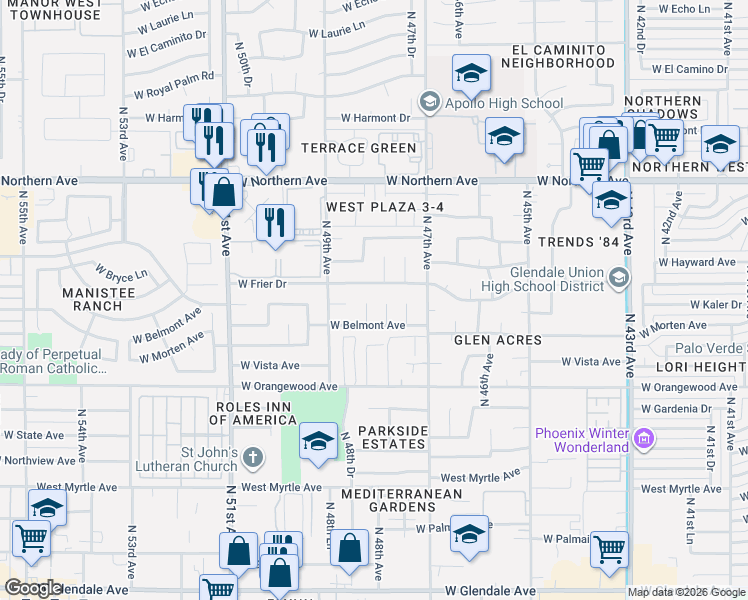 map of restaurants, bars, coffee shops, grocery stores, and more near 4809 West Frier Drive in Glendale