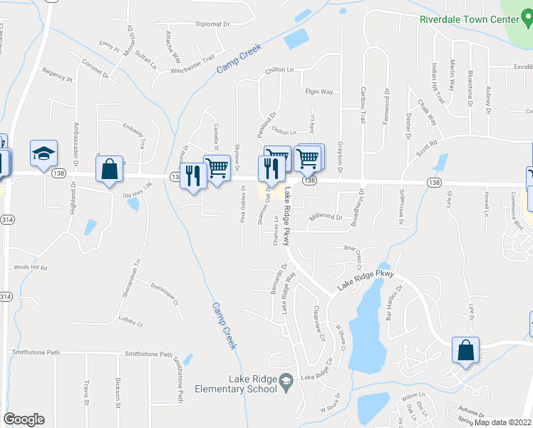 map of restaurants, bars, coffee shops, grocery stores, and more near 7556 Shannon Oak Drive in Riverdale
