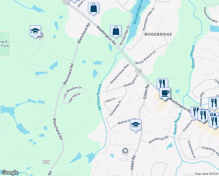 map of restaurants, bars, coffee shops, grocery stores, and more near 626 Steeplechase Way in Evans