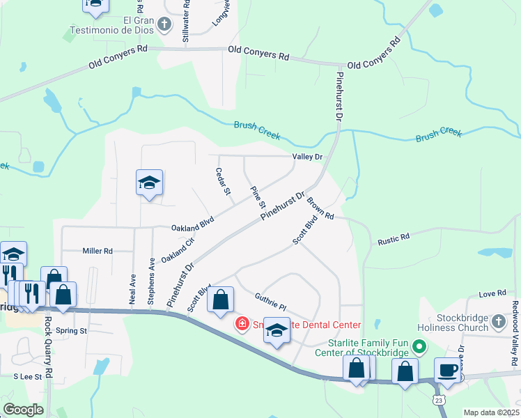 map of restaurants, bars, coffee shops, grocery stores, and more near 245 Pinehurst Drive in Stockbridge