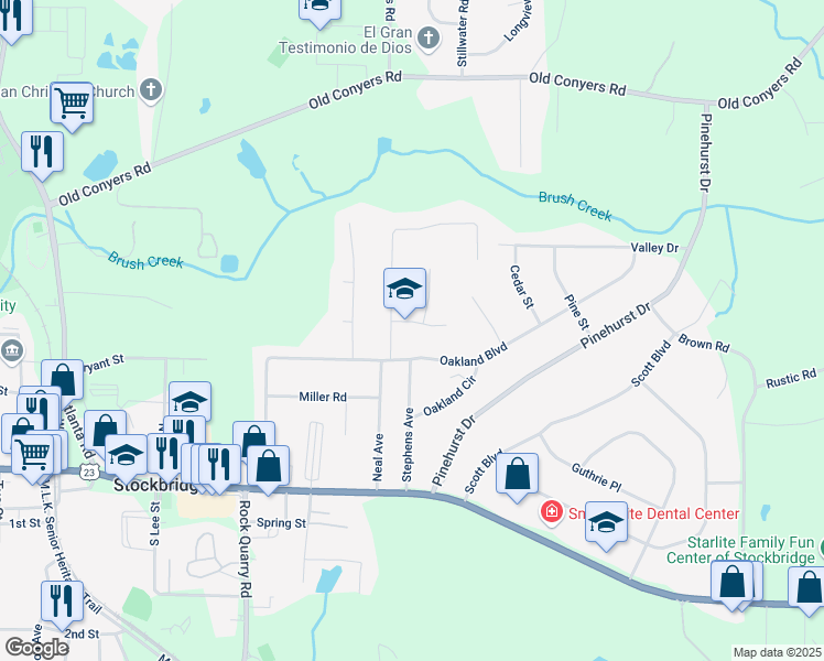 map of restaurants, bars, coffee shops, grocery stores, and more near 100 Sweetbriar Court in Stockbridge