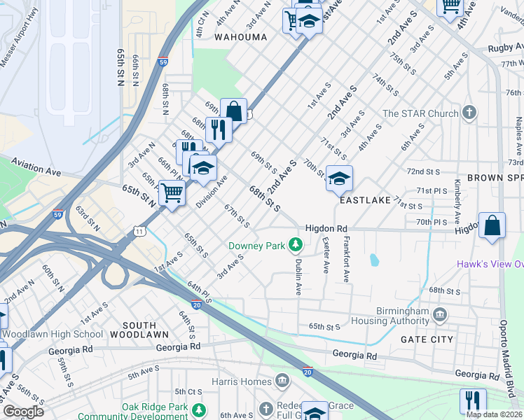 map of restaurants, bars, coffee shops, grocery stores, and more near 6718 2nd Avenue South in Birmingham