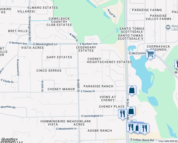 map of restaurants, bars, coffee shops, grocery stores, and more near 6842 East Belmont Circle in Paradise Valley