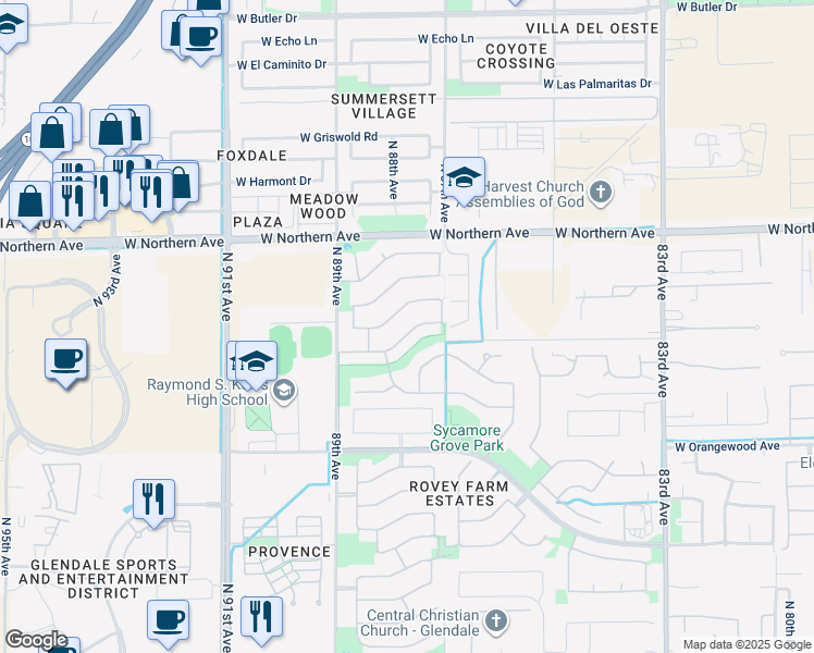 map of restaurants, bars, coffee shops, grocery stores, and more near 8776 West frier Drive in Glendale
