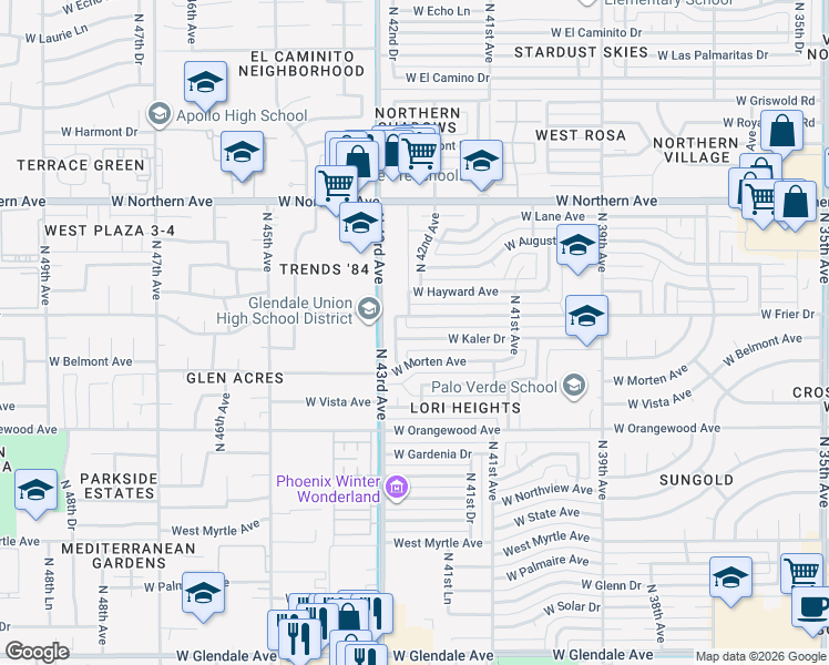 map of restaurants, bars, coffee shops, grocery stores, and more near 4248 West Kaler Drive in Phoenix