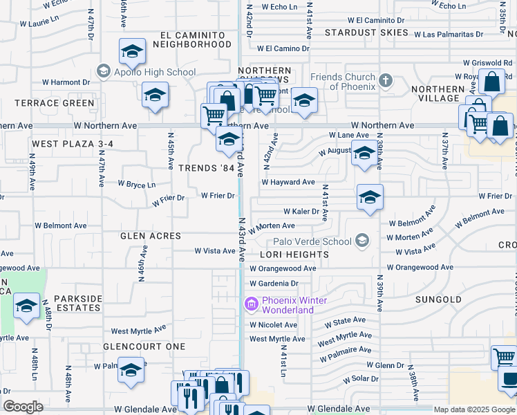 map of restaurants, bars, coffee shops, grocery stores, and more near 4248 West Kaler Drive in Phoenix