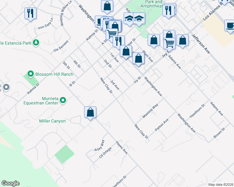 map of restaurants, bars, coffee shops, grocery stores, and more near 24983 3rd Avenue in Murrieta