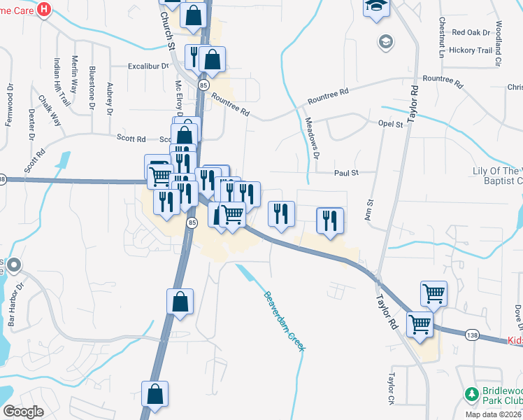 map of restaurants, bars, coffee shops, grocery stores, and more near 7556 Winderemere Park in Riverdale