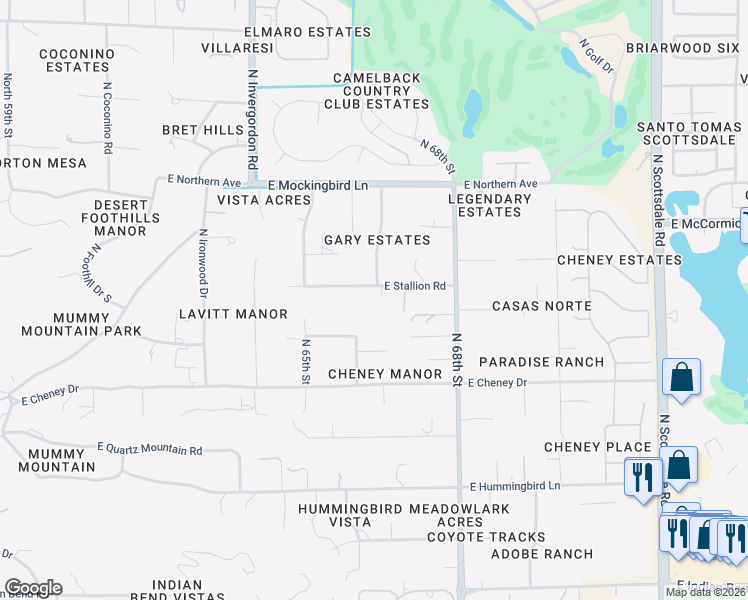 map of restaurants, bars, coffee shops, grocery stores, and more near 6623 East Stallion Road in Paradise Valley