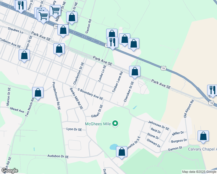 map of restaurants, bars, coffee shops, grocery stores, and more near 1715 Colleton Avenue Southeast in Aiken