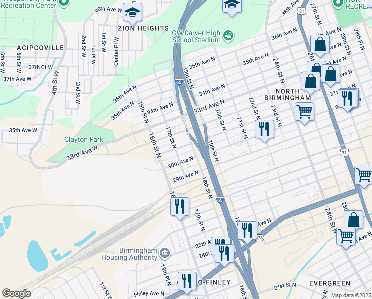 map of restaurants, bars, coffee shops, grocery stores, and more near 1717 31st Avenue North in Birmingham