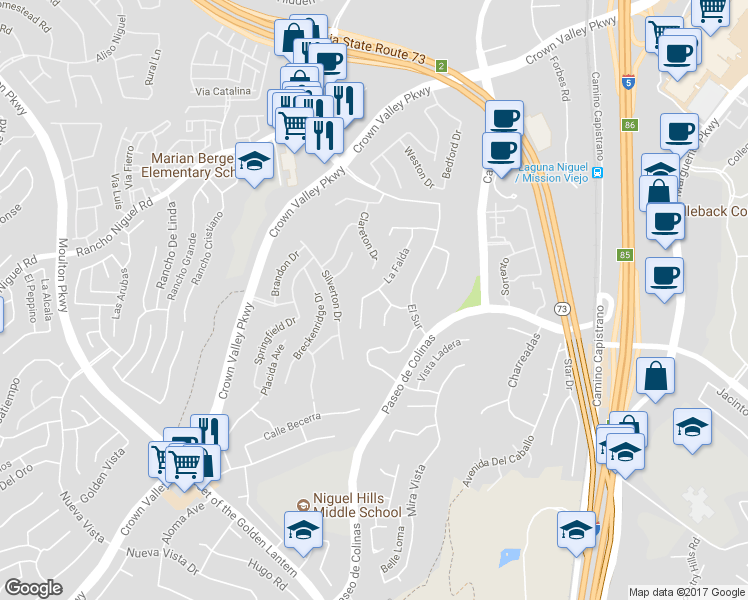 map of restaurants, bars, coffee shops, grocery stores, and more near 28492 La Falda in Laguna Niguel