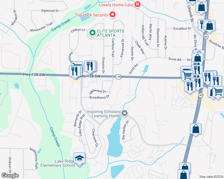 map of restaurants, bars, coffee shops, grocery stores, and more near 7556 Broadhurst Drive in Riverdale