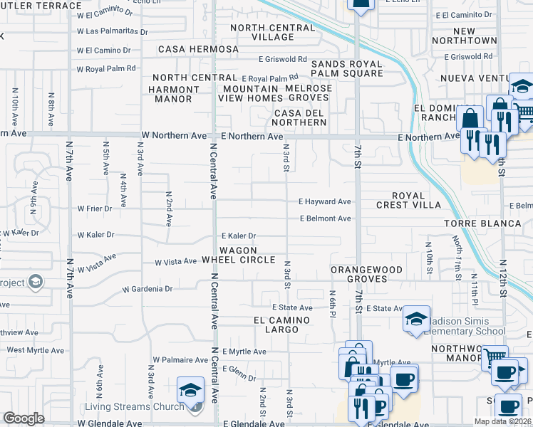 map of restaurants, bars, coffee shops, grocery stores, and more near 7601 North Central Avenue in Phoenix