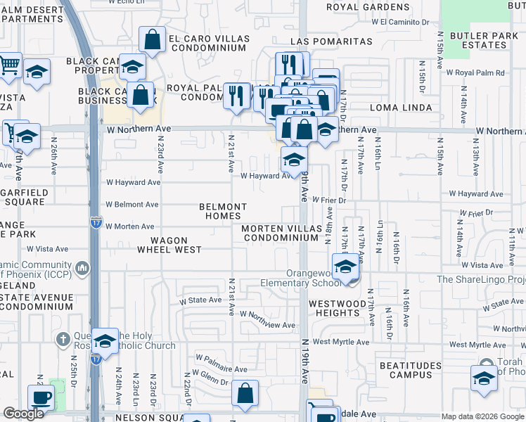 map of restaurants, bars, coffee shops, grocery stores, and more near 2002 West Morten Avenue in Phoenix