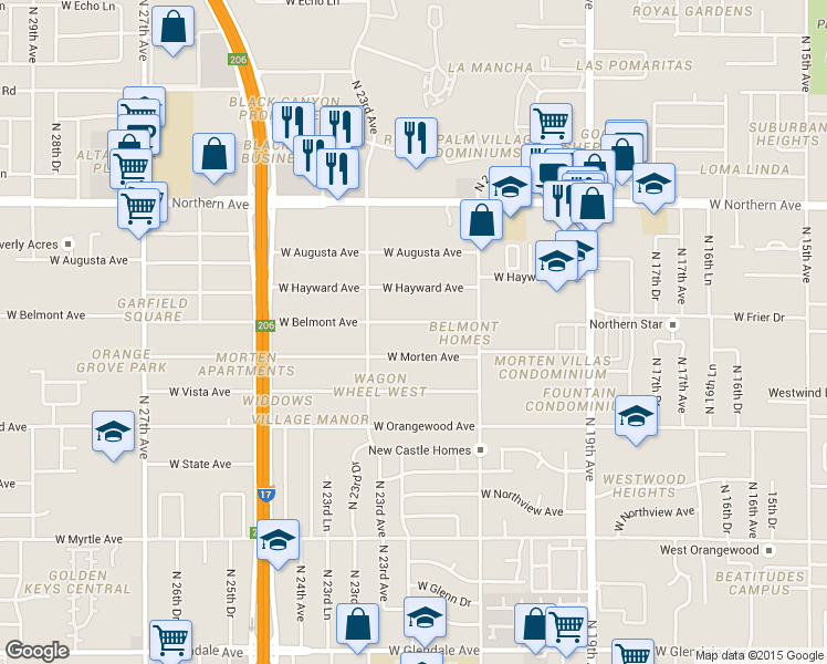map of restaurants, bars, coffee shops, grocery stores, and more near 2225 West Belmont Avenue in Phoenix