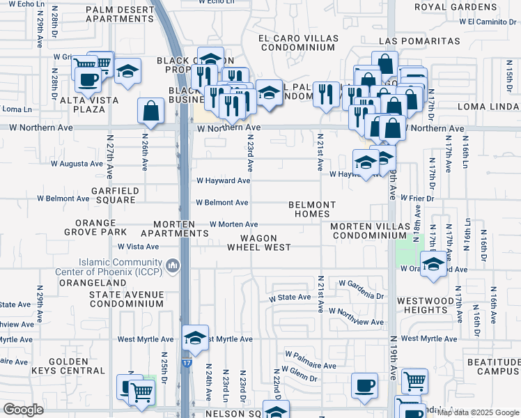 map of restaurants, bars, coffee shops, grocery stores, and more near 2225 West Belmont Avenue in Phoenix