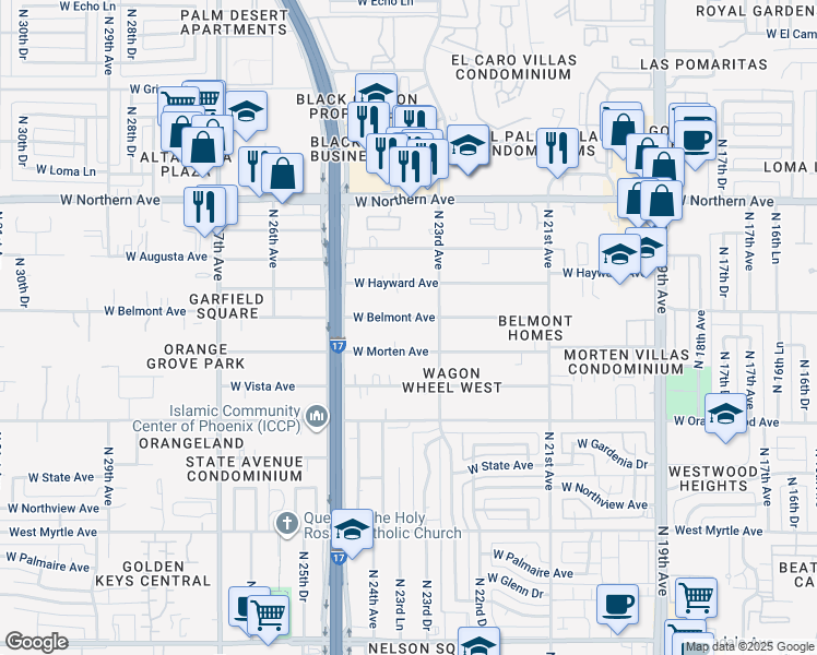 map of restaurants, bars, coffee shops, grocery stores, and more near 2345 West Belmont Avenue in Phoenix